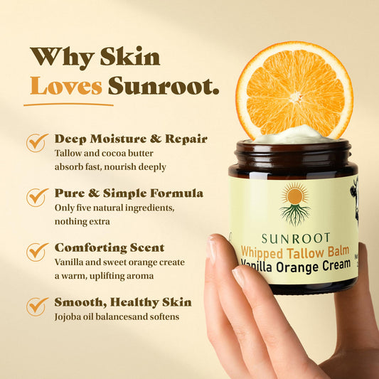 Sunroot Naturals whipped balm texture close-up illustrating creamy, non-greasy absorption.