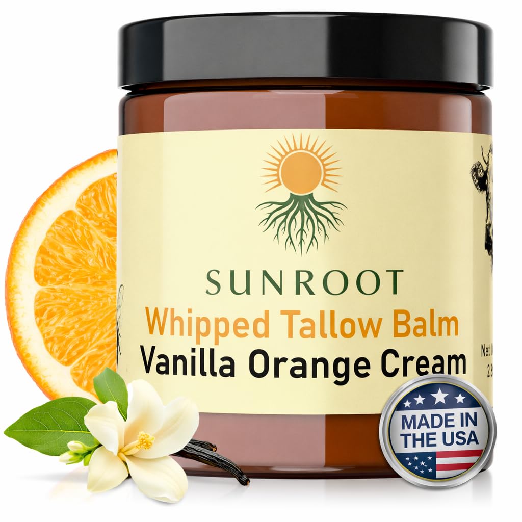 Sunroot Naturals Whipped Tallow Balm jar close-up showing rich hydration for dry skin.