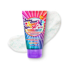 Sunshine and Glitter Seastar Sparkle bottle pour, eco-friendly glitter sunscreen for beach days.