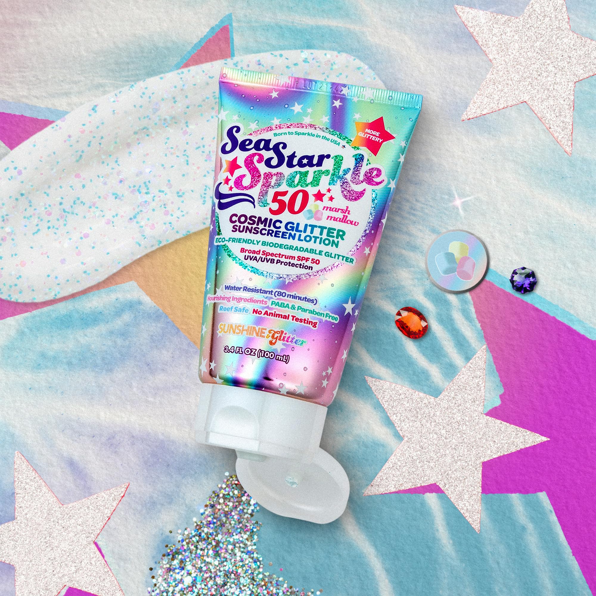 Kids applying Seastar Sparkle sunscreen by the pool, water resistant for 80 minutes