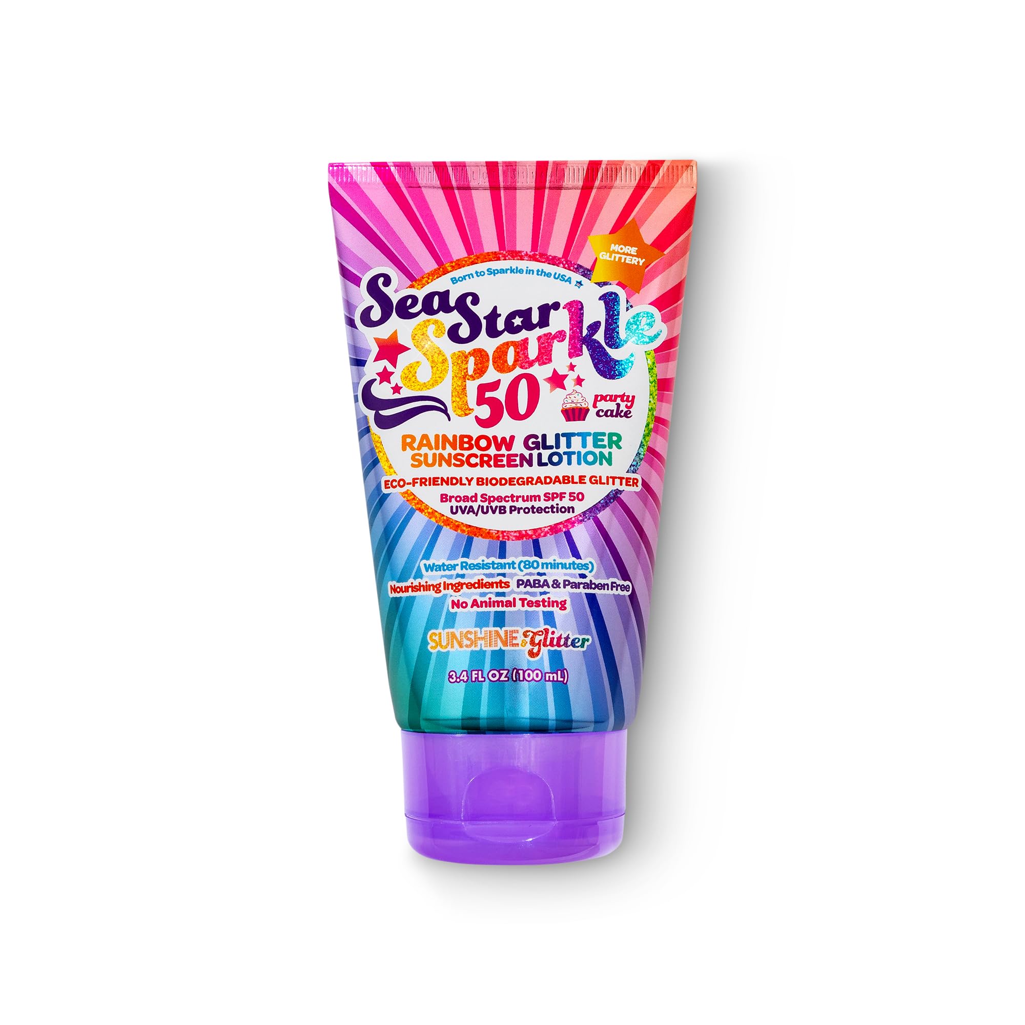 Sunshine and Glitter Seastar Sparkle tube front with SPF 50 and rainbow glitter.