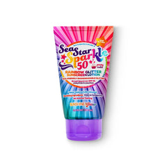 Sunshine and Glitter Seastar Sparkle tube front with SPF 50 and rainbow glitter.