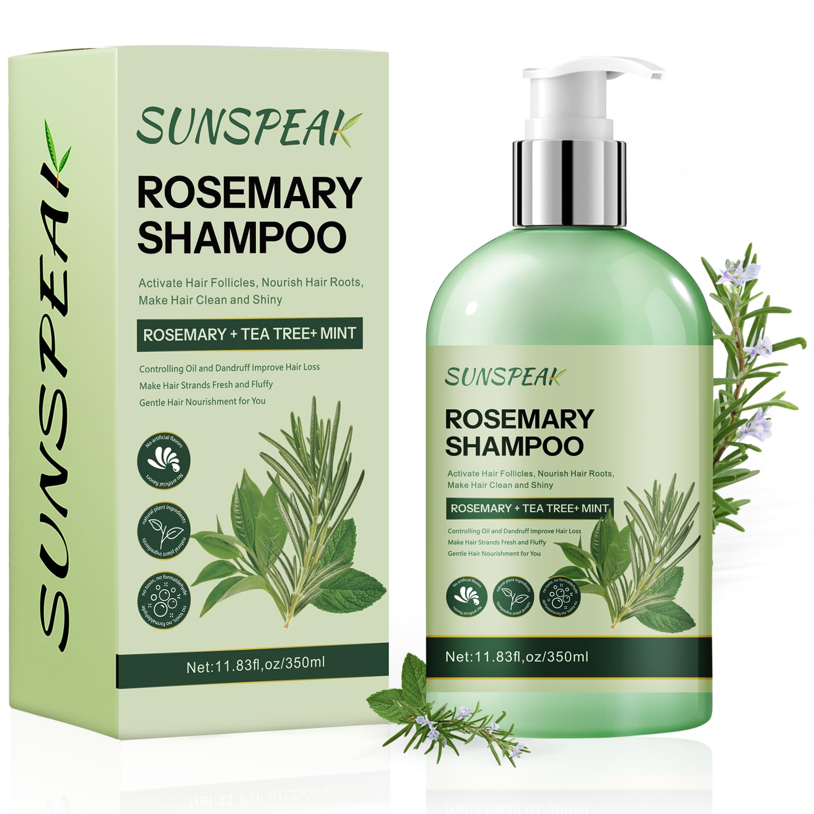 Sunspeak rosemary shampoo bottle pour for easy application and refreshing scalp sensation.