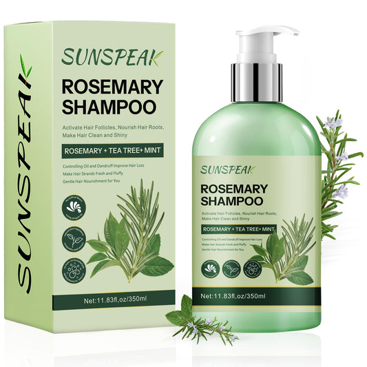 Sunspeak rosemary shampoo bottle pour for easy application and refreshing scalp sensation.