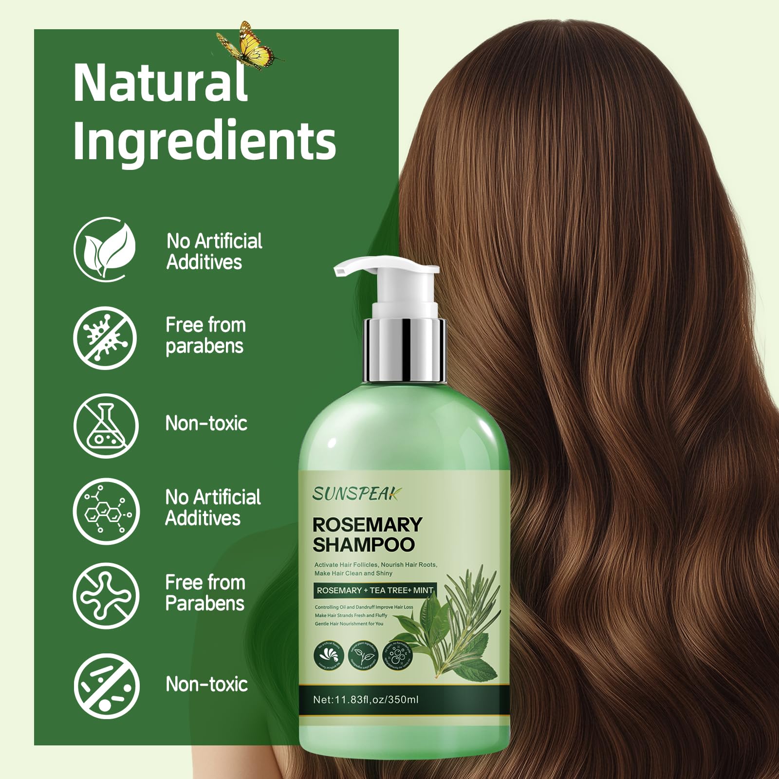 Sunspeak rosemary shampoo daily use bottle demonstrating non-irritating formula.