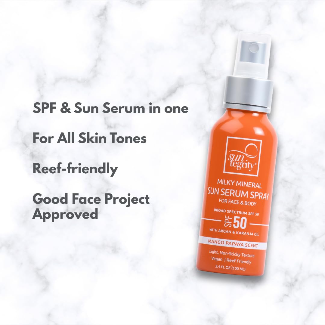 Suntegrity Milky Mineral Spray applied on the body for all-over SPF protection