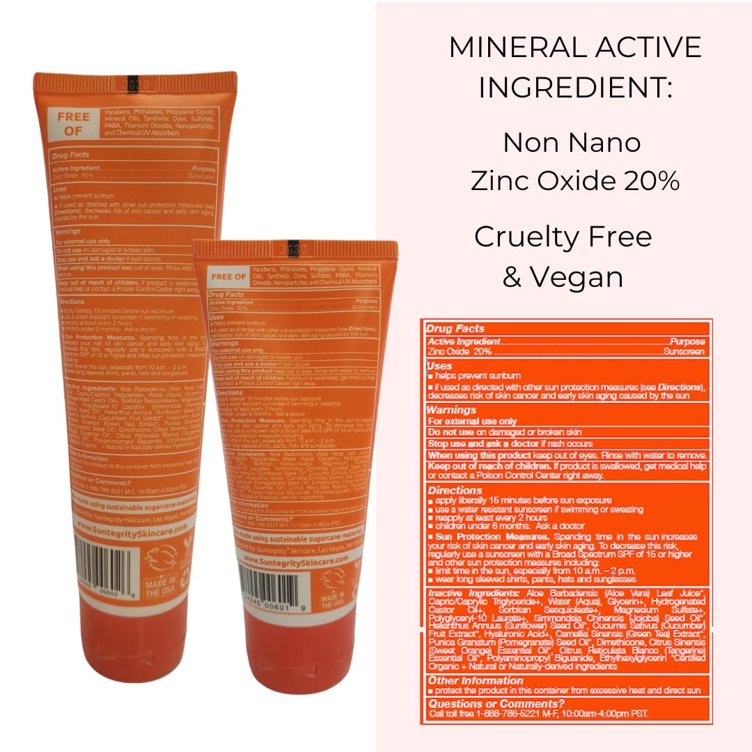 Suntegrity Mineral Body Sunscreen label notes zinc oxide protection and vegan formula.