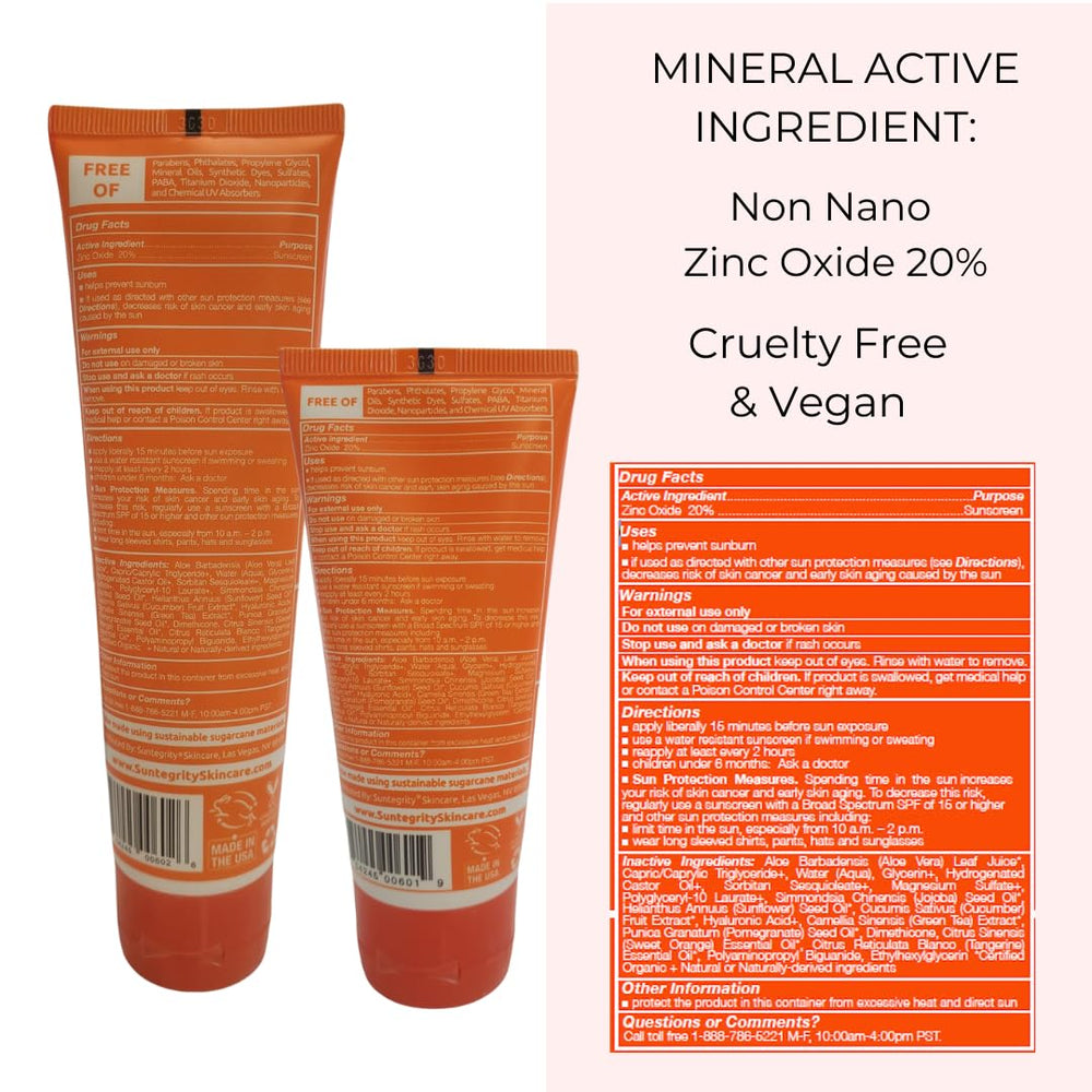Suntegrity Mineral Body Sunscreen label notes zinc oxide protection and vegan formula.