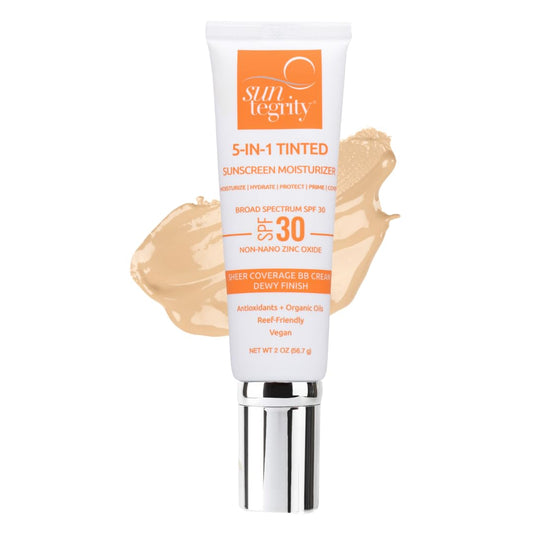 Suntegrity Tinted 5 in 1 Mineral Sunscreen bottle provides SPF 30 protection for daily wear.