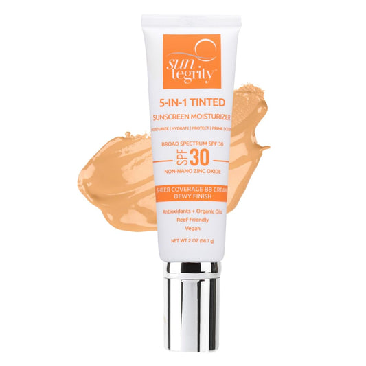 Suntegrity tinted sunscreen bottle shows SPF 30 mineral protection for daily wear.