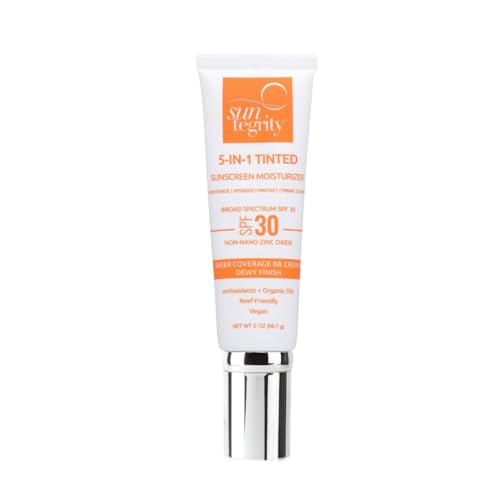 Suntegrity tinted moisturizer application shows natural finish and SPF.