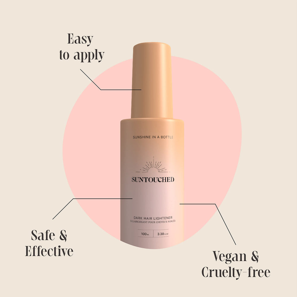 Suntouched Sun Hair Lightener spray being combed through brunette hair.