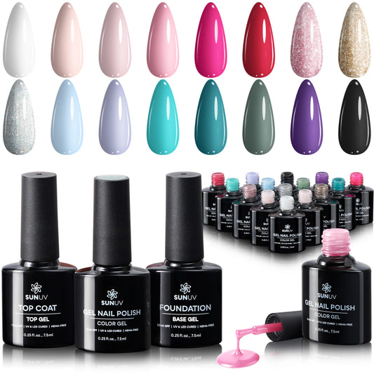 SUNUV 16-color gel nail polish kit bottles arranged for a vibrant at-home manicure.