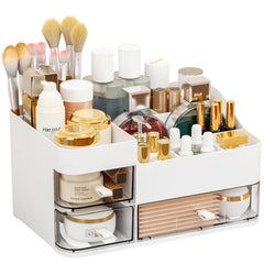 SuoXing white makeup organizer with large drawer keeps cosmetics neatly stored.