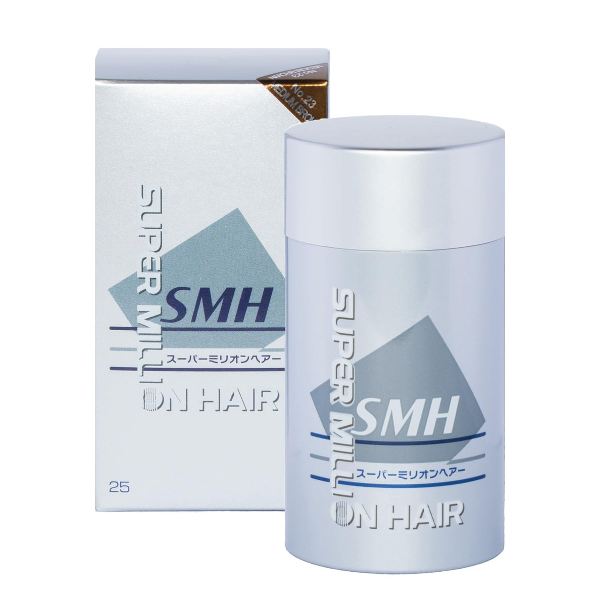 Compact tin of Super Million Hair SMH fibers for instant fullness.