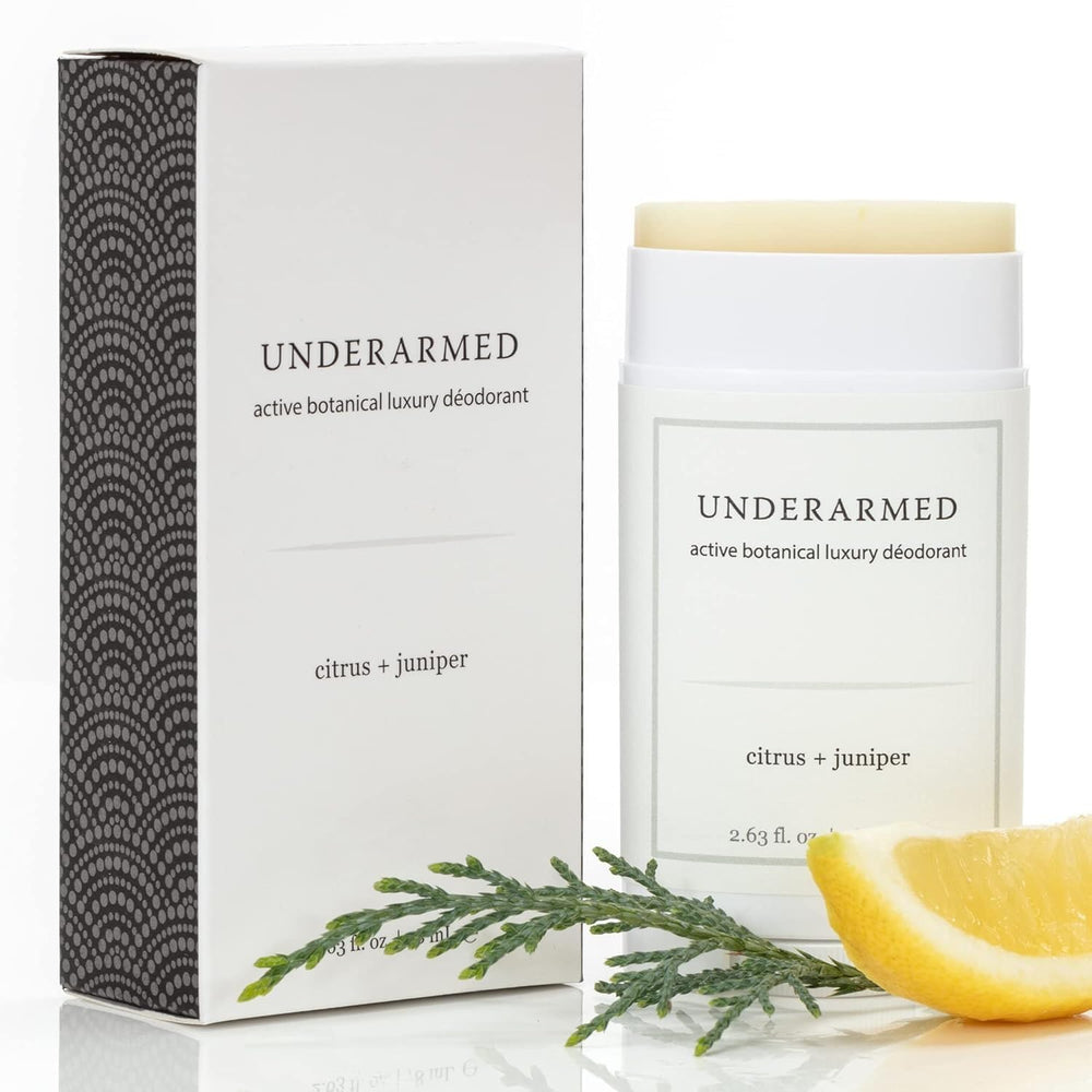 Super Natural Goods Citrus + Juniper deodorant stick packaging highlights aluminum-free freshness