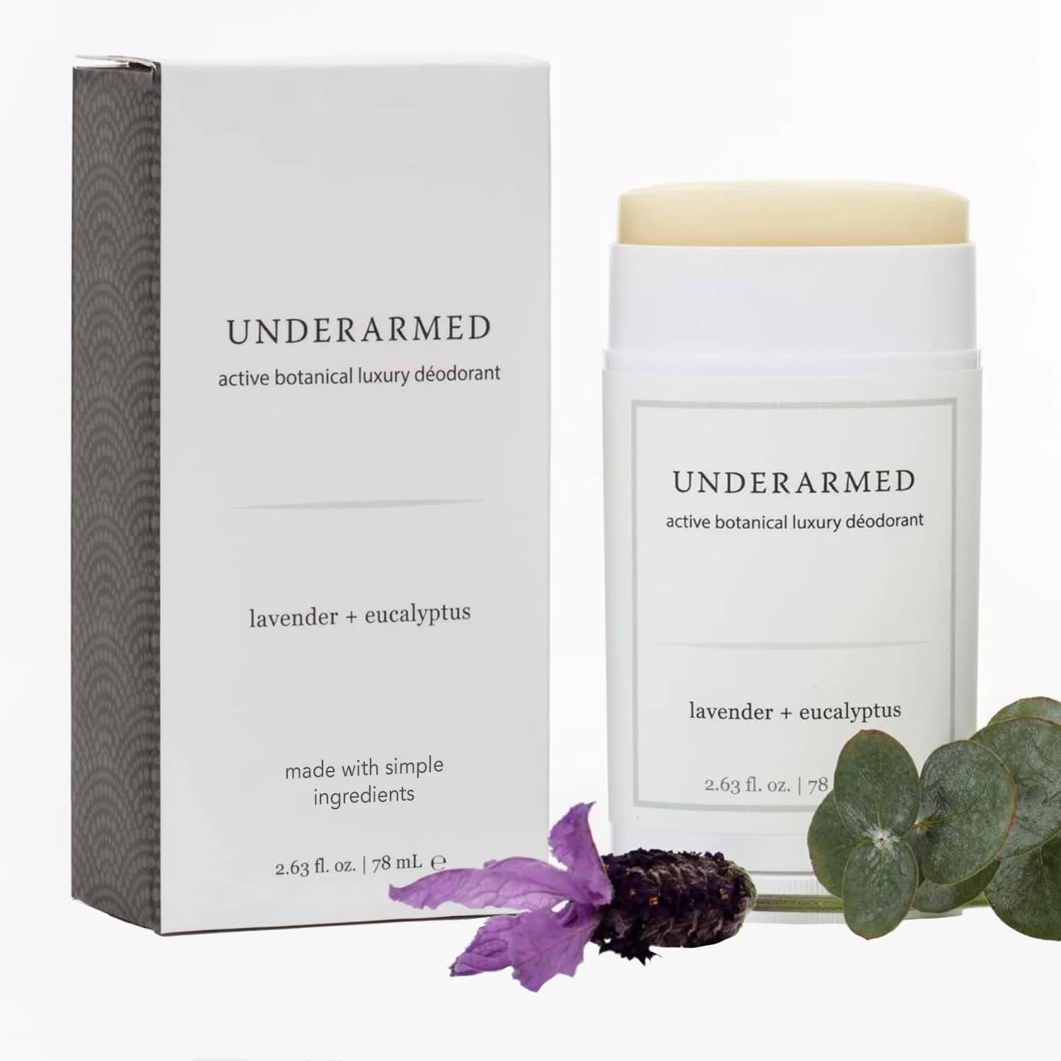 Super Natural Goods Underarmed lavender eucalyptus deodorant bottle shows aluminum-free freshness for daily use.