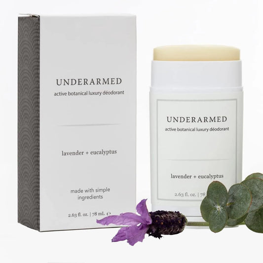 Super Natural Goods Underarmed lavender eucalyptus deodorant bottle shows aluminum-free freshness for daily use.