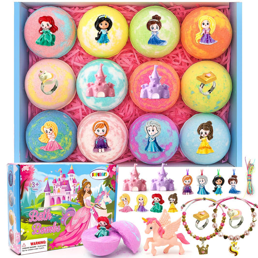 SUPERGFS princess inside bath bombs reveal a colorful surprise toy for imaginative bath time.