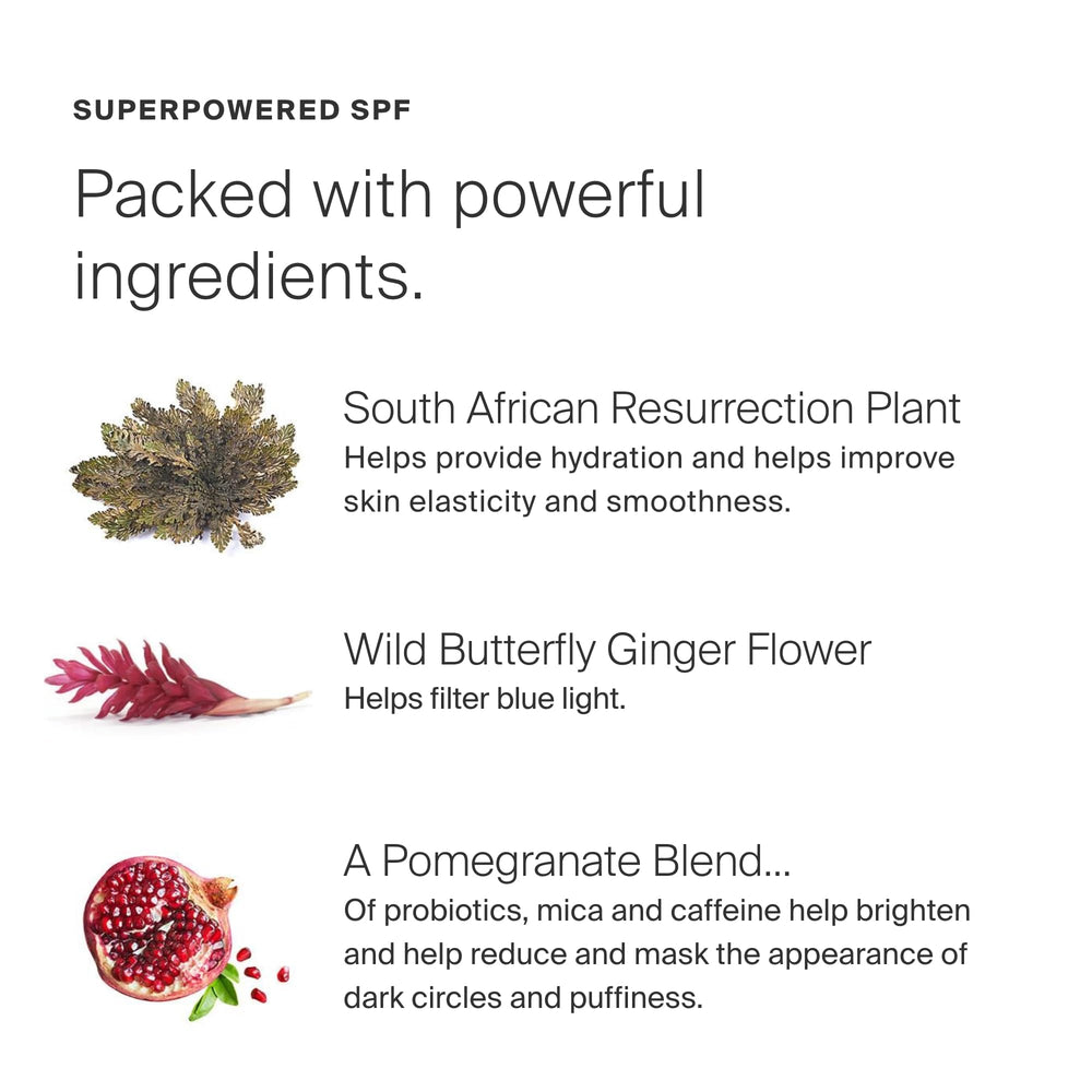 Supergoop Bright-Eyed cream swirls on skin showing luminous, non-greasy finish