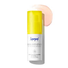 Supergoop Bright-Eyed eye cream bottle close-up highlights mineral SPF protection