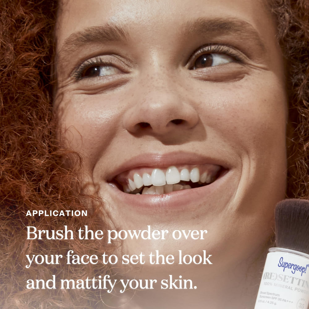 Supergoop! Coated silica spheres diffuse light for a soft focus finish on skin.