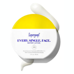 Supergoop Every. Single. Face. Watery Lotion bottle offers versatile sunscreen for all skin types.