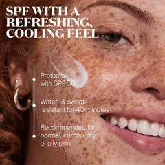 Texture close-up of Supergoop! Watery Lotion shows a light, non-greasy finish.