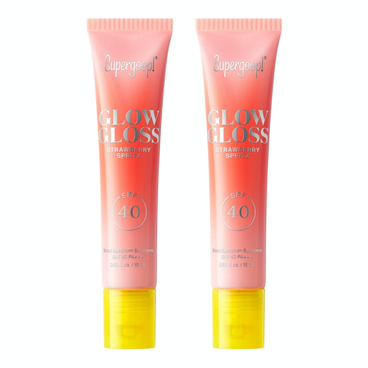 Supergoop Glow Gloss SPF 40 lip balm in Strawberry Spritz tube delivers radiant moisture