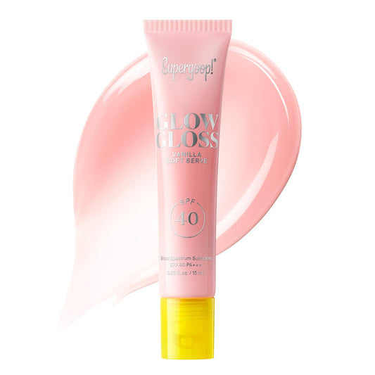 Supergoop! Glow Gloss SPF 40 vanilla soft serve texture on lips delivers hydrating shine