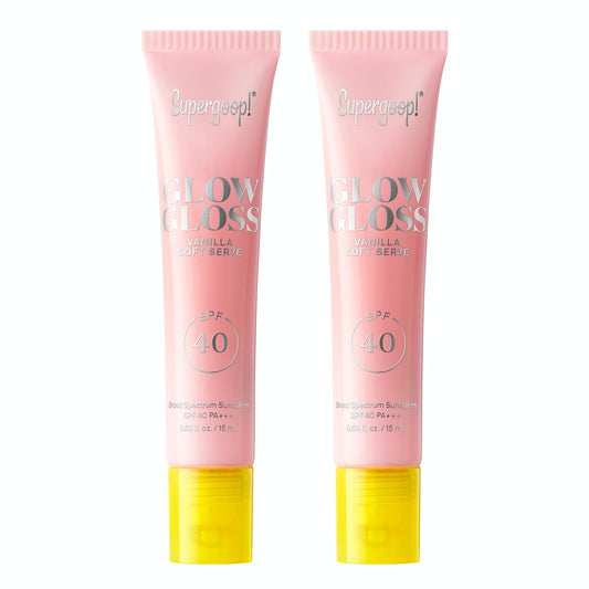 Supergoop Glow Gloss SPF 40 Vanilla Soft Serve on lips with radiant shine and hydration