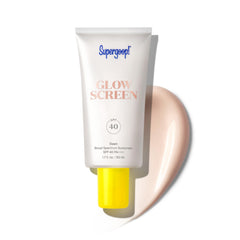 Supergoop Glowscreen Dawn bottle close-up highlighting a pearlescent finish for dewy skin