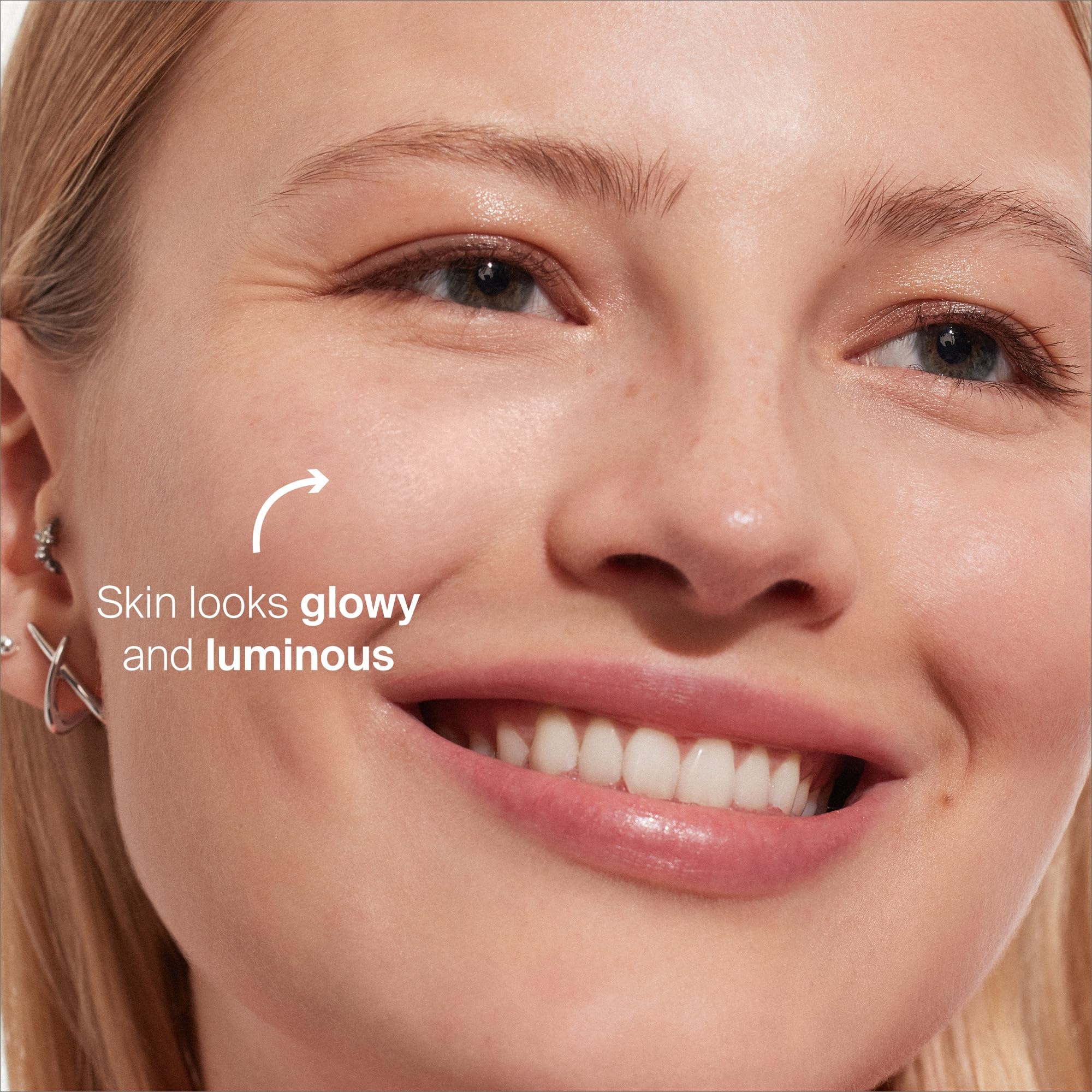 Supergoop Glowscreen Dawn tinted sunscreen swatch demonstrates lightweight coverage and glow