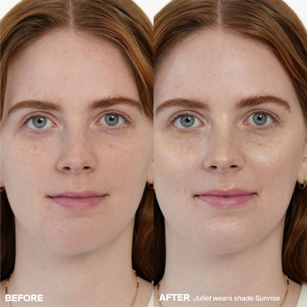 Supergoop! Glowscreen Sunlighter Stick Sunrise applying on cheek for natural radiance.