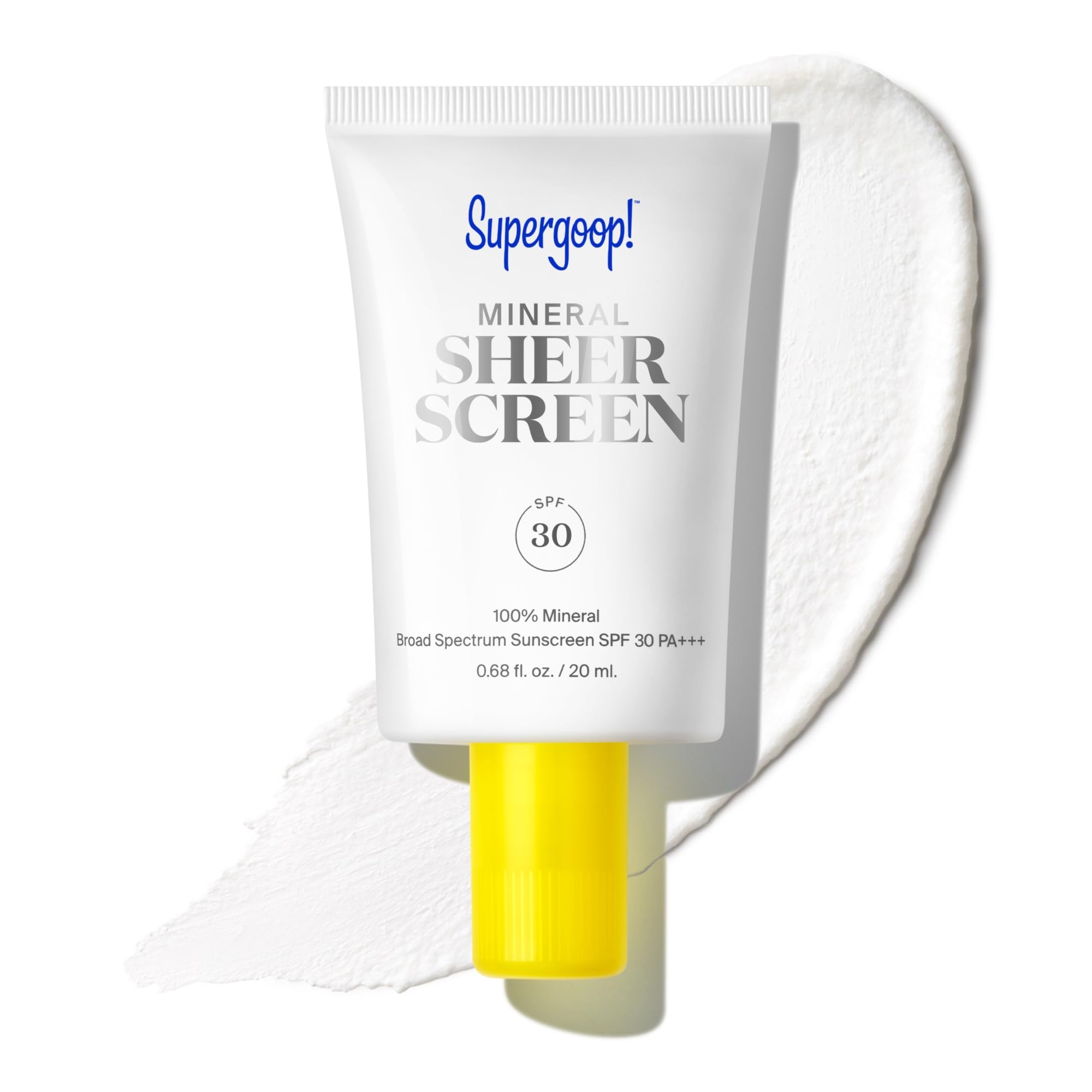 Supergoop! Mineral Sheerscreen bottle close-up shows weightless protection and a satin finish.
