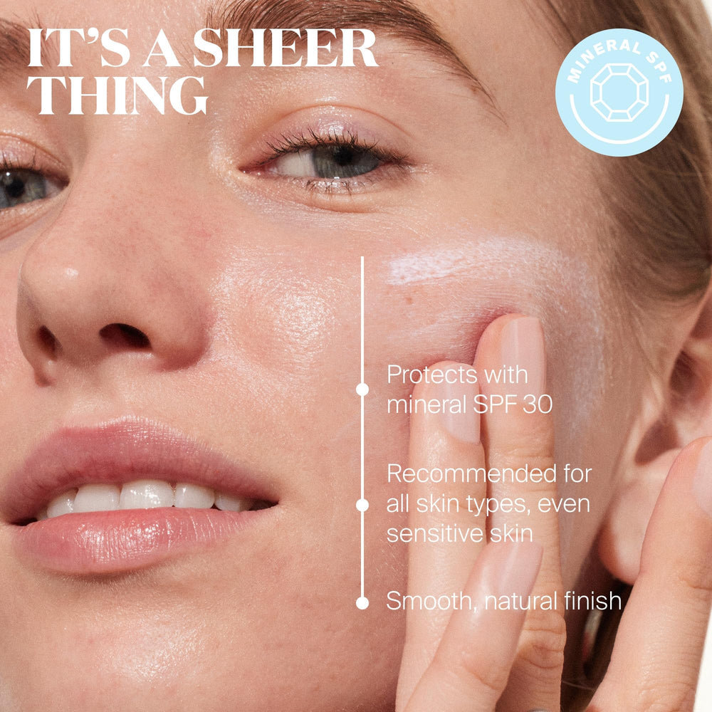 Supergoop! Mineral Sheerscreen label close-up highlighting mineral formula.