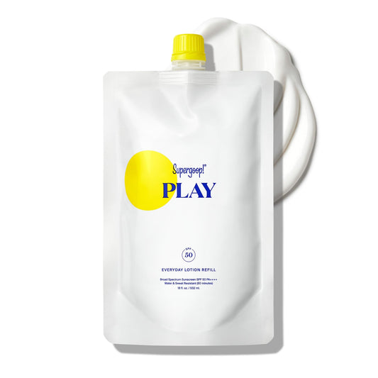 Supergoop! Play Everyday Lotion SPF 50 pump refill pouch, easy at-home sunscreen for daily protection.