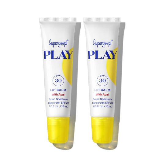 Supergoop PLAY Lip Balm acai front-tube, SPF 30, keeps lips hydrated on sunny days.