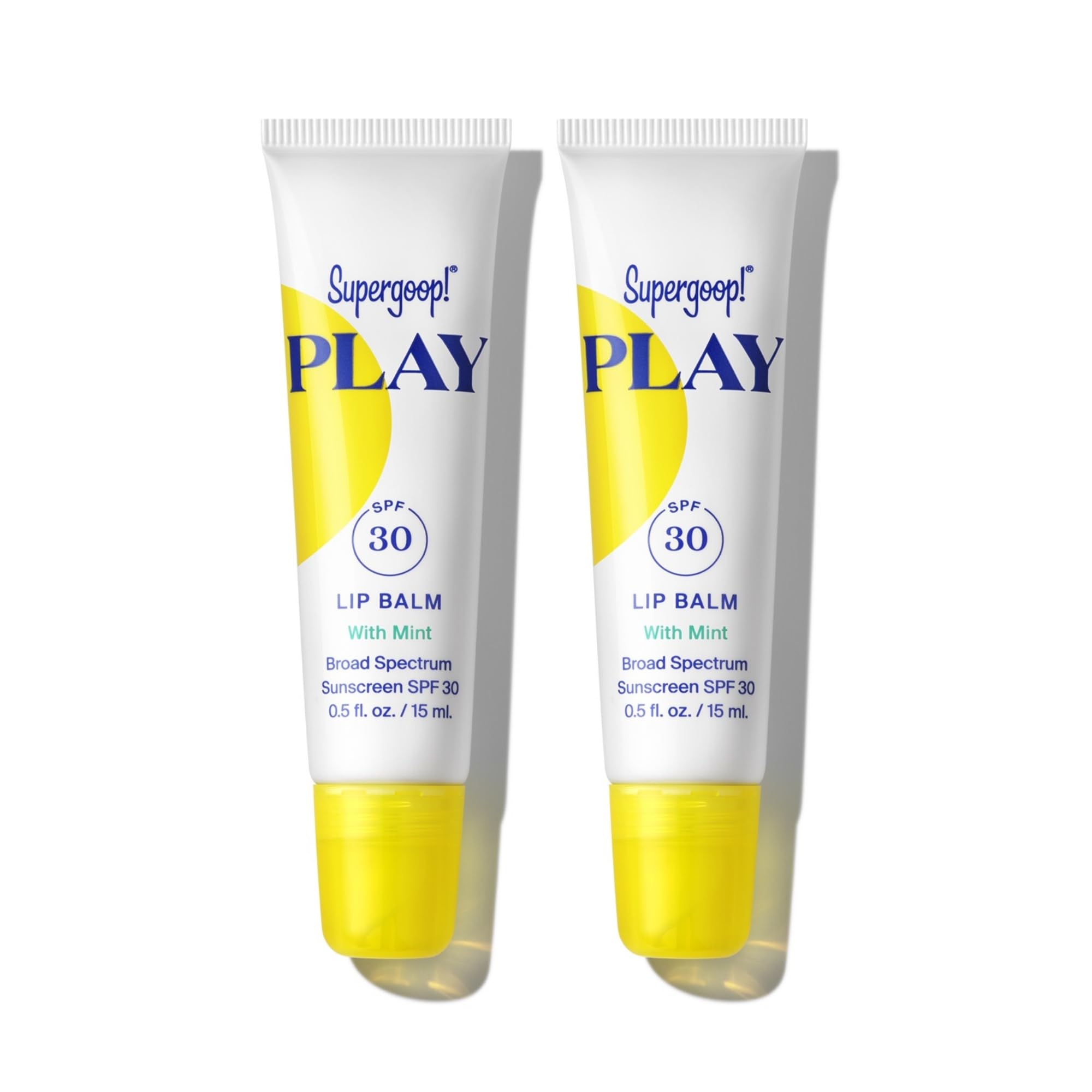 Supergoop! PLAY Lip Balm SPF 30 mint tube close-up, hydrating lip protection.