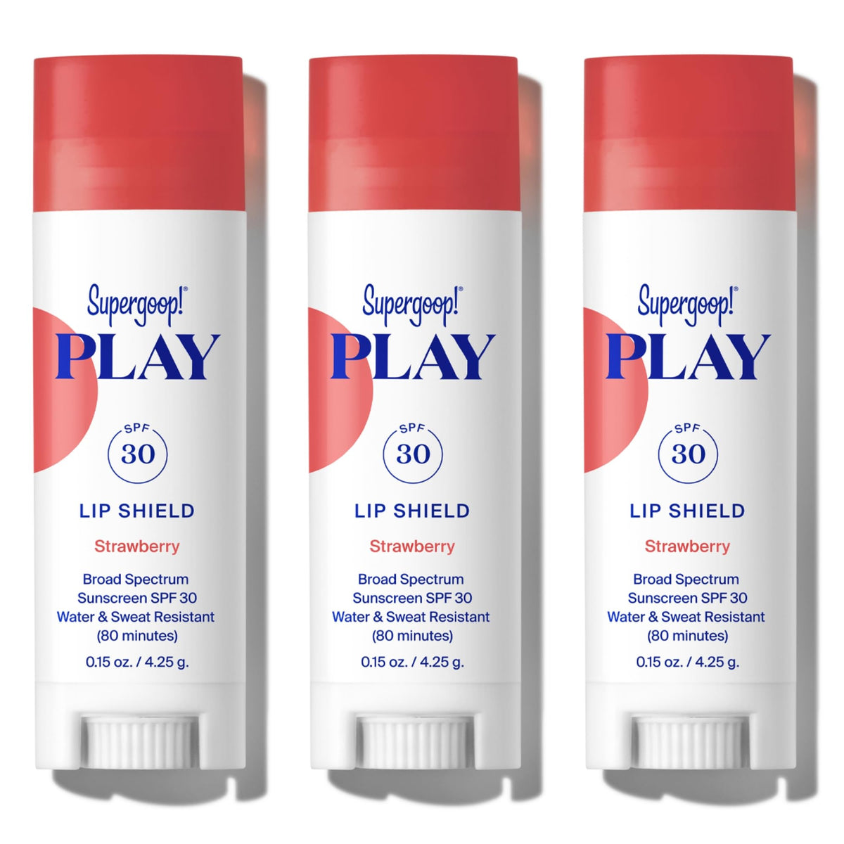 Supergoop PLAY Lip Shield SPF 30 strawberry pack of 3 tubes for dry lip protection
