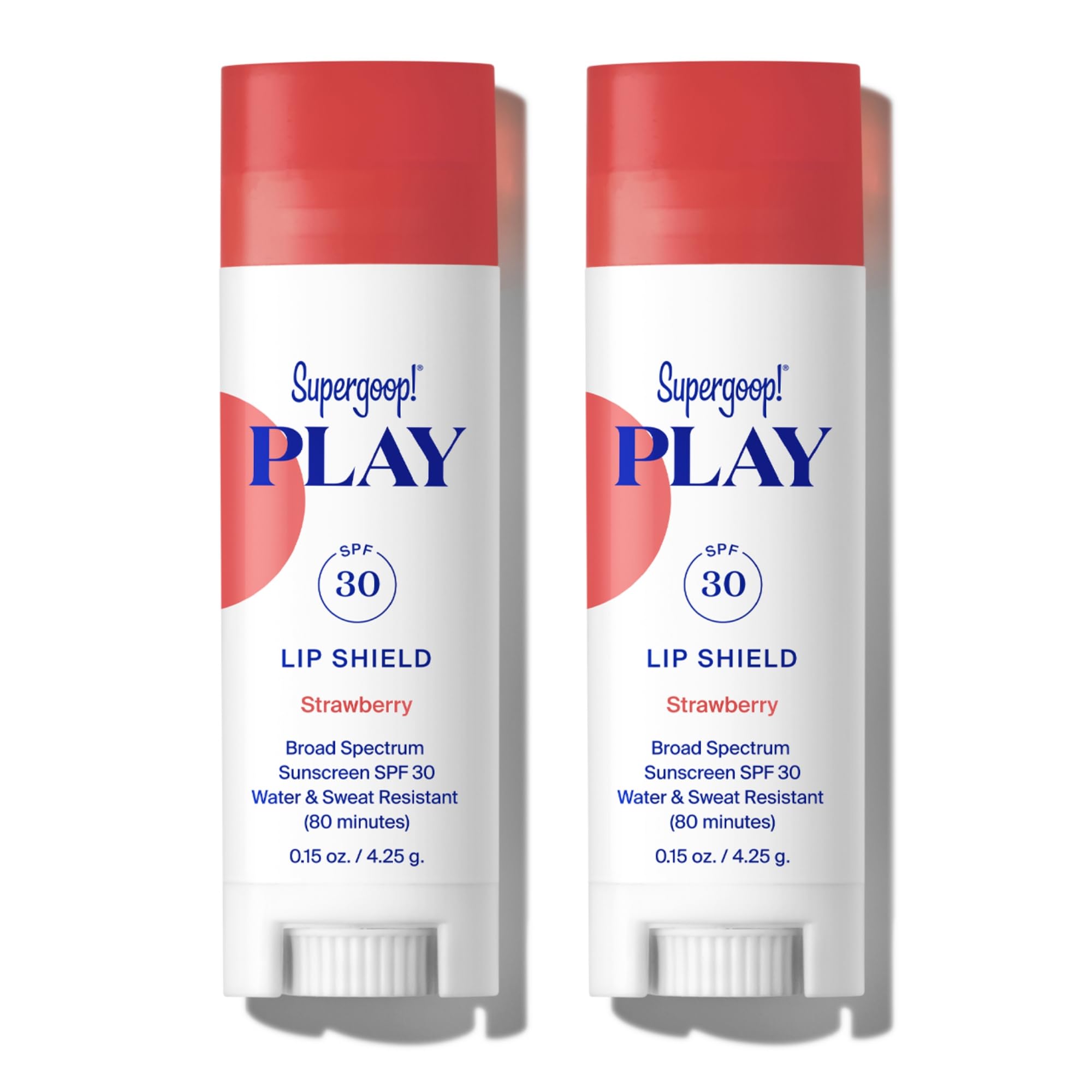 Supergoop! Play Lip Shield SPF 30 strawberry tube protects lips with moisturizing hydration.