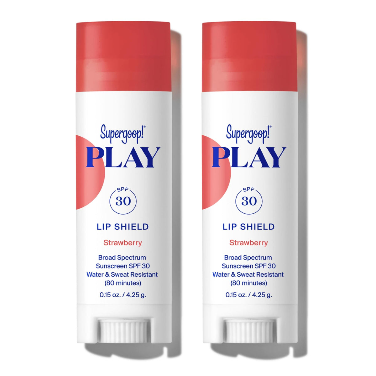 Supergoop! Play Lip Shield SPF 30 strawberry tube protects lips with moisturizing hydration.