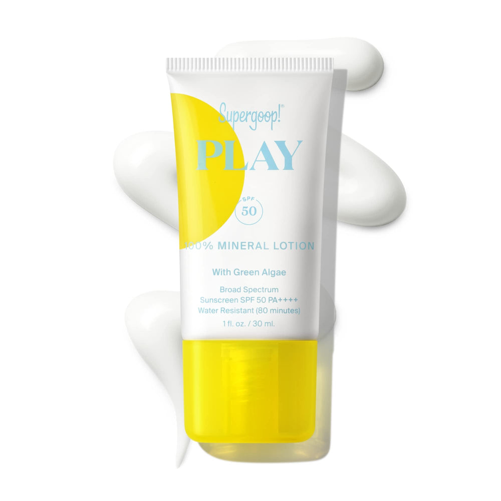 Supergoop! PLAY Mineral Lotion bottle front view, SPF 50 for face and body.