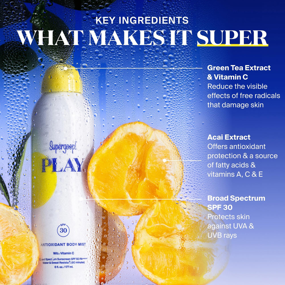 Supergoop! PLAY mist ideal for active days and sweat resistance.