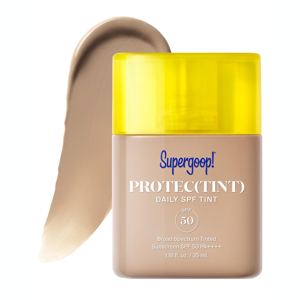 Supergoop Protec(tint) bottle-cap shows SPF 50 protection with lightweight coverage.