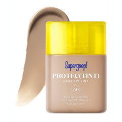 Supergoop Protec(tint) bottle-cap shows SPF 50 protection with lightweight coverage.