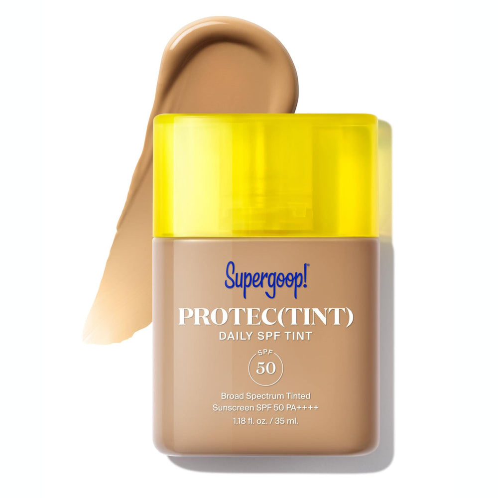 Supergoop! Protec(tint) bottle closeup highlights SPF 50 protection.
