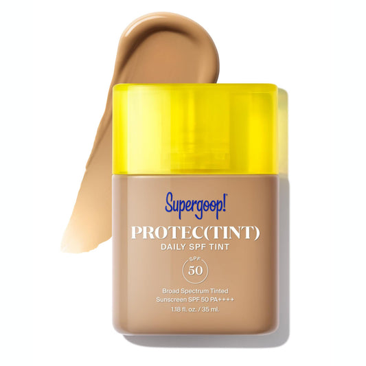 Supergoop! Protec(tint) bottle closeup highlights SPF 50 protection.