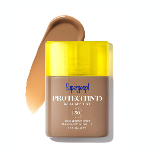 Supergoop Protect Tint bottle shows portable SPF 50 protection on the go