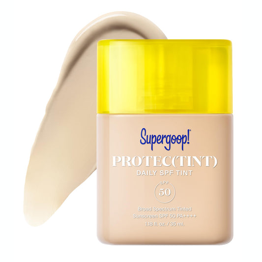 Supergoop! Protec(tint) bottle shows SPF 50 protection and light coverage for daily wear